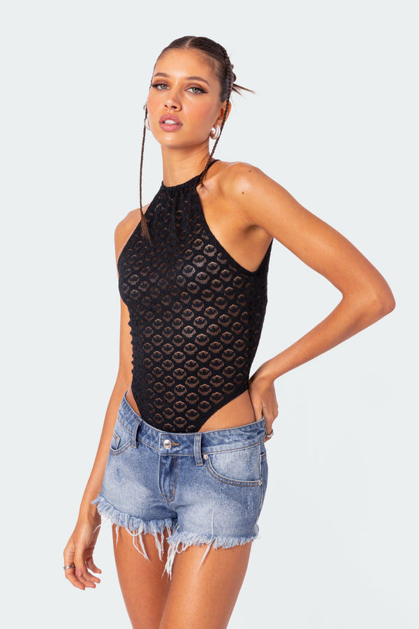 Edikted Sheer Lace Open Back Bodysuit Black
