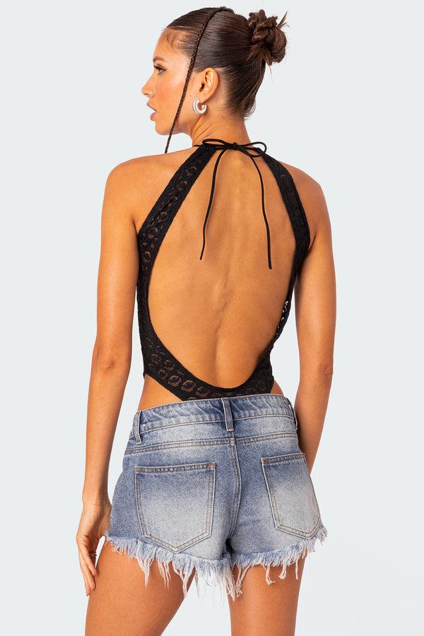edikted Sheer Lace Open Back Bodysuit black