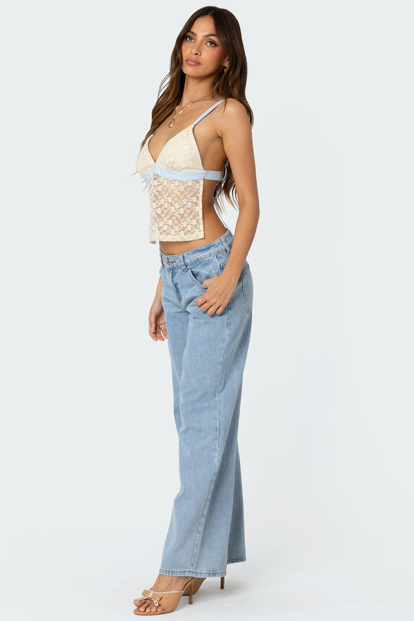Edikted Sheer Lace Open Back Tank Top Cream