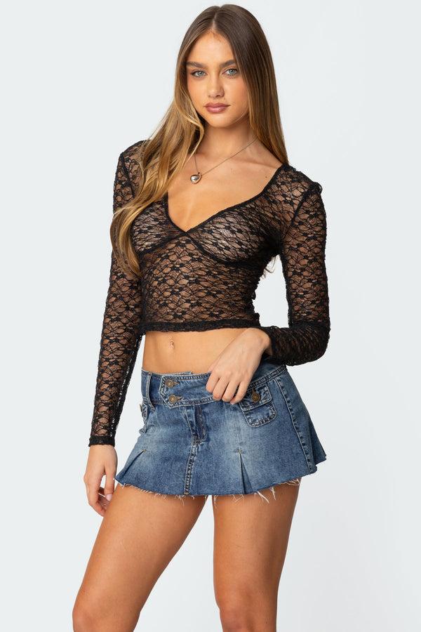 Edikted Sheer Lace V Neck Top Black