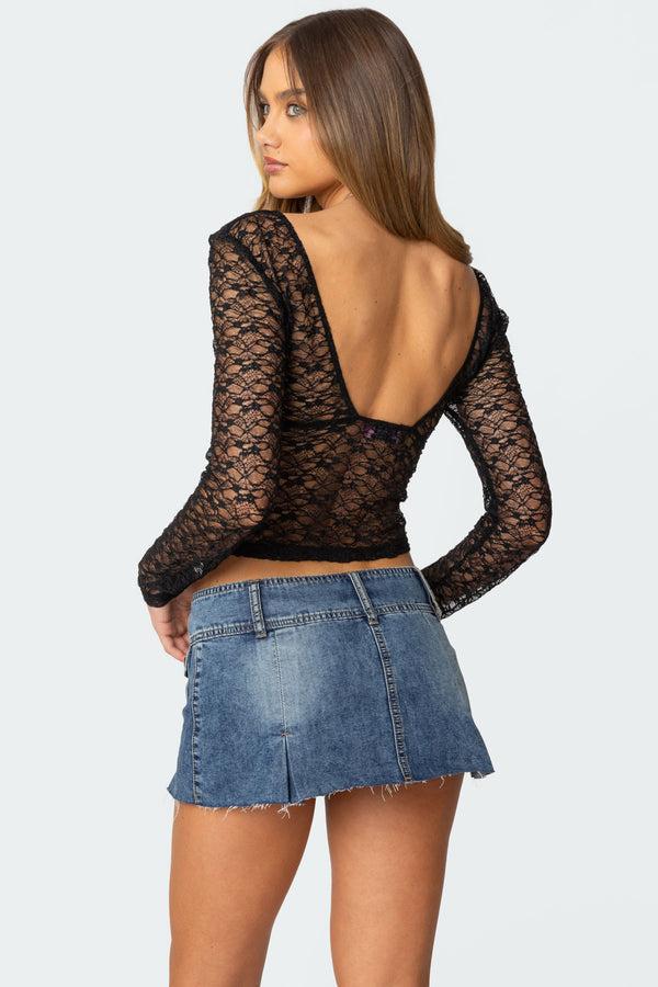 Edikted Sheer Lace V Neck Top Black