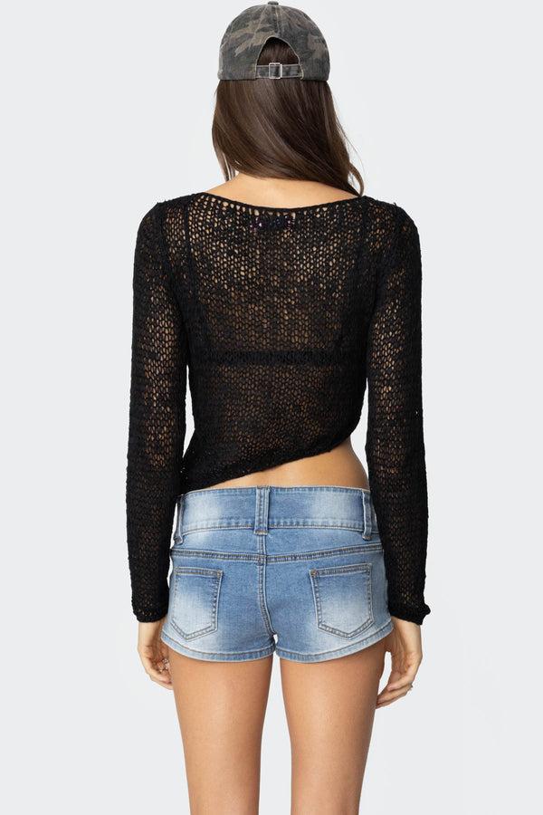 Edikted Sheer Loose Knit Asymmetric Top Black