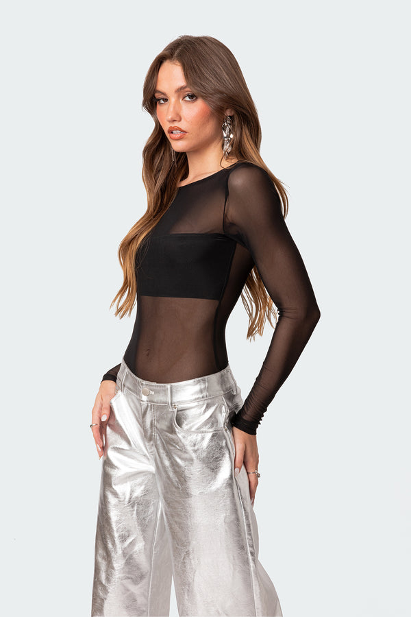 Edikted Sheer Mesh Bandeau Bodysuit Black