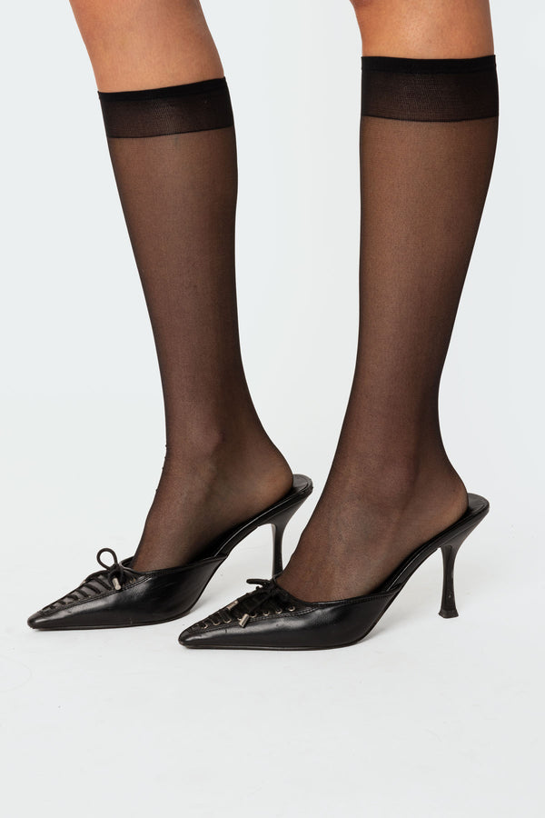 edikted Sheer Mesh Knee High Socks black
