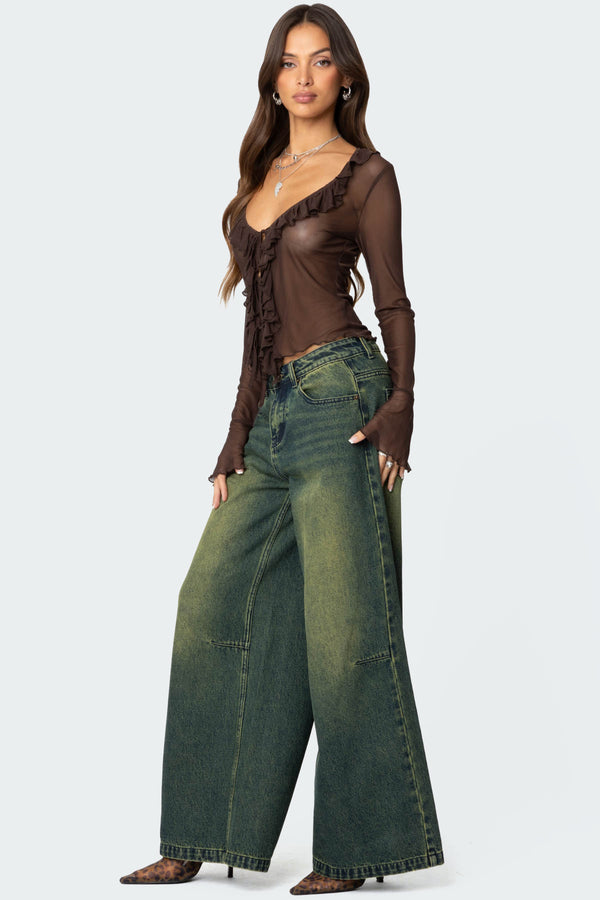 Edikted Sheer Mesh Ruffled Top Brown