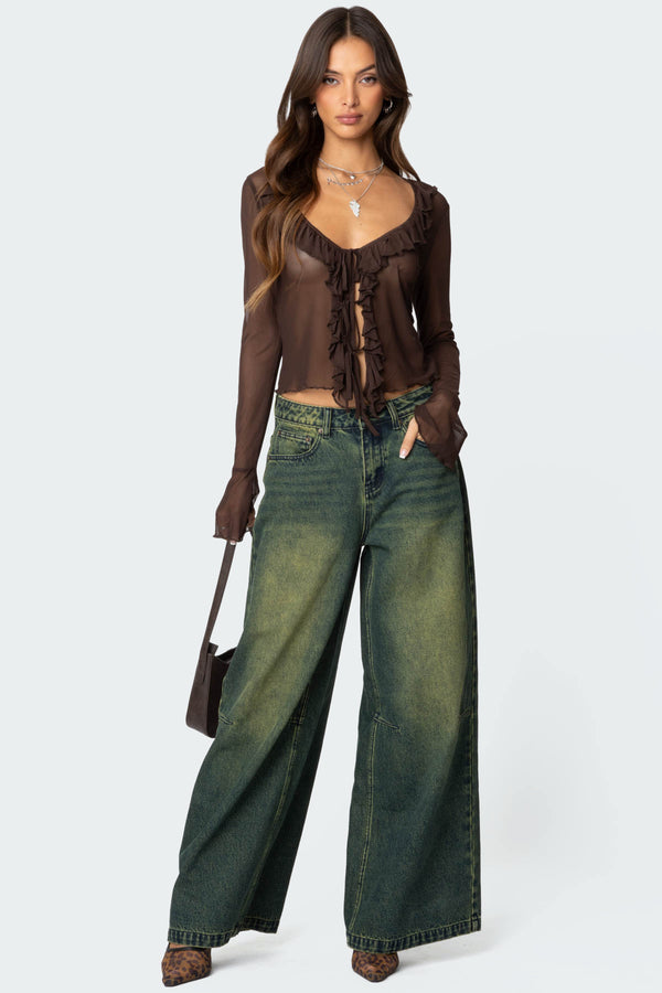 Edikted Sheer Mesh Ruffled Top Brown