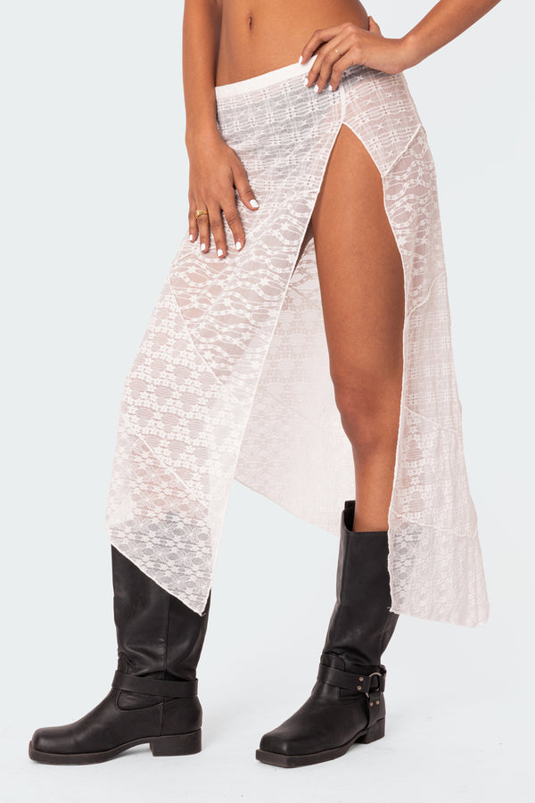 Edikted Sheer Patchwork Lace Maxi Skirt White