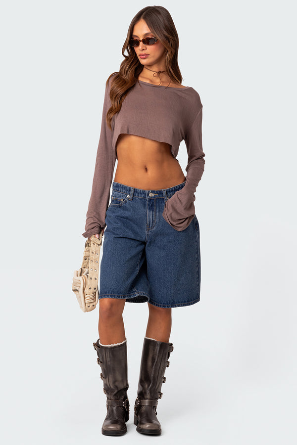 Edikted Sheer Raw Hem Crop Top Brown