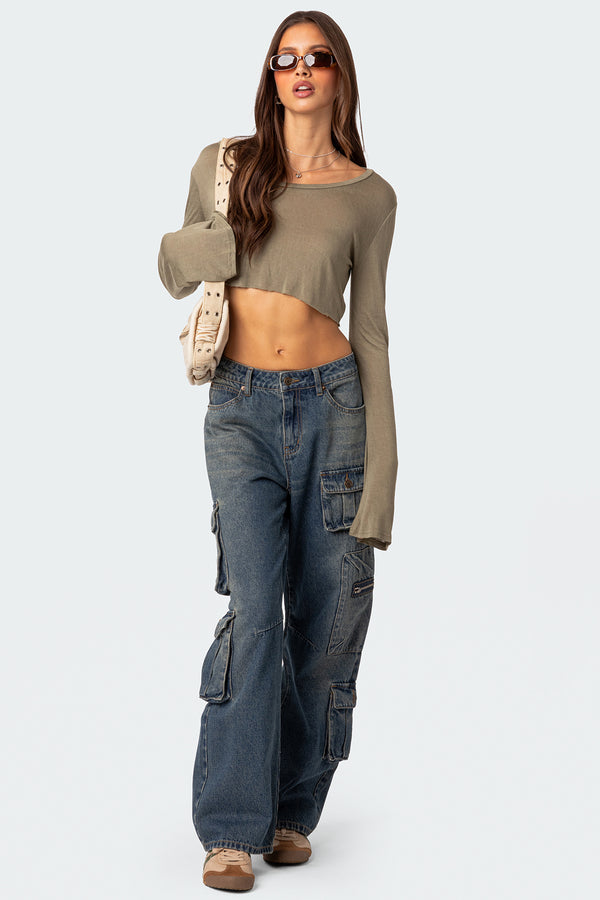 Edikted Sheer Raw Hem Crop Top Olive