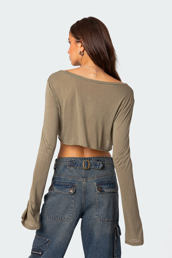 Edikted Sheer Raw Hem Crop Top Olive