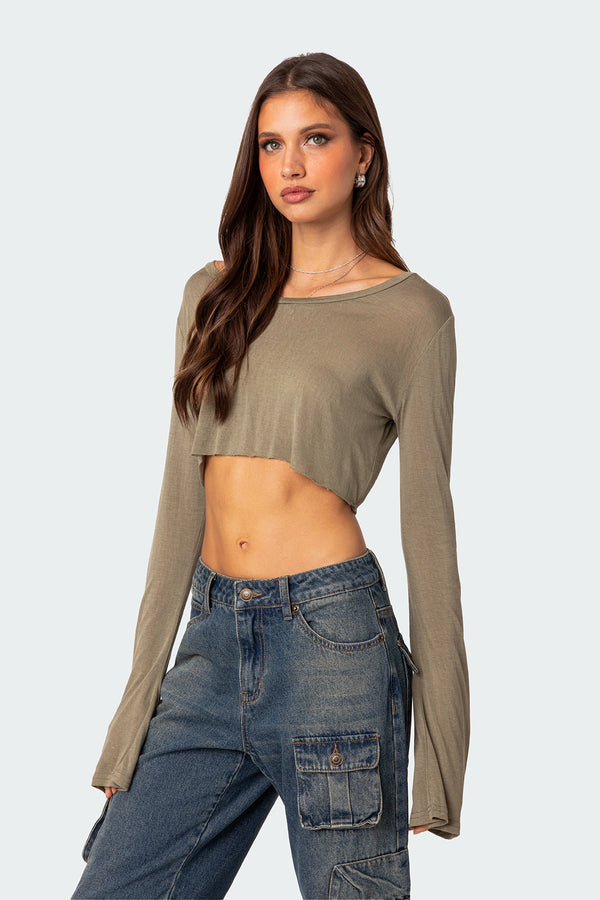 Edikted Sheer Raw Hem Crop Top Olive