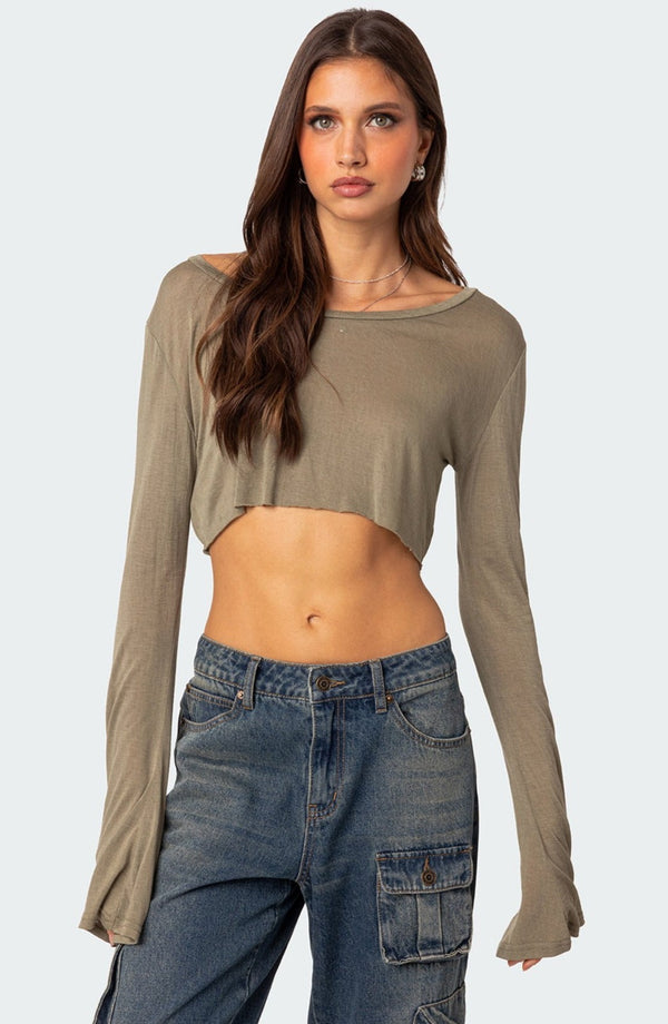 edikted Sheer Raw Hem Crop Top olive