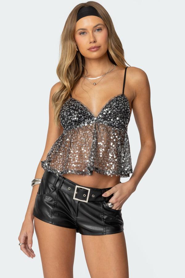 edikted Sheer Sequin Babydoll Tank Top black