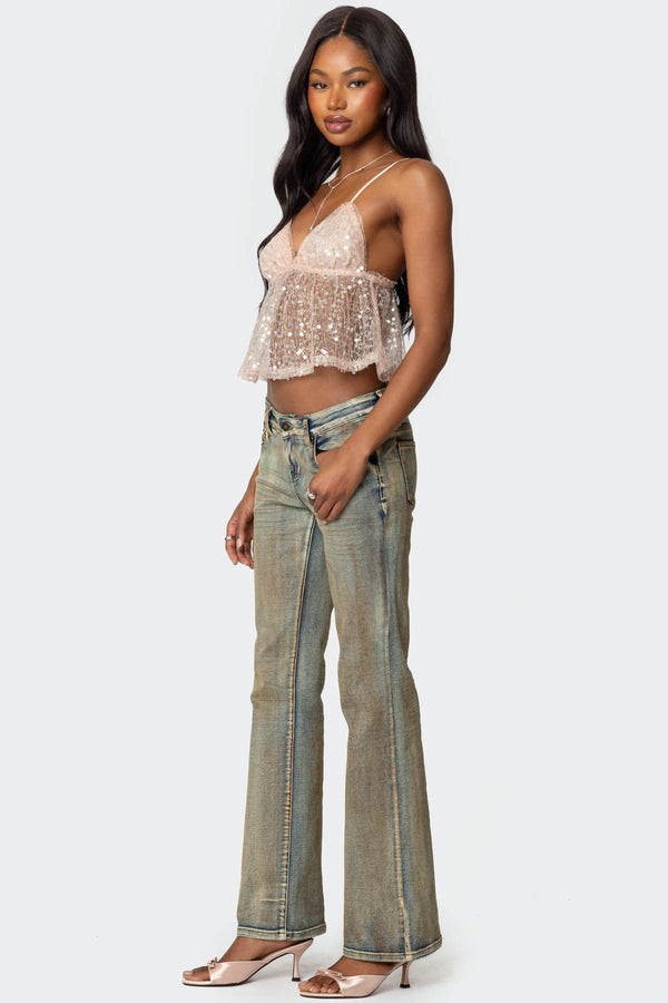 Edikted Sheer Sequin Babydoll Tank Top Pink