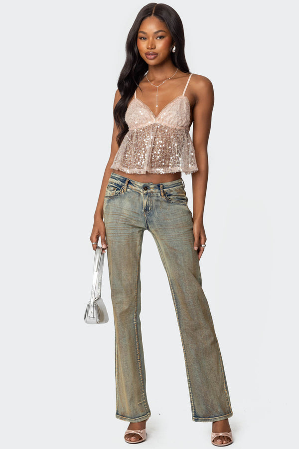 Edikted Sheer Sequin Babydoll Tank Top Pink