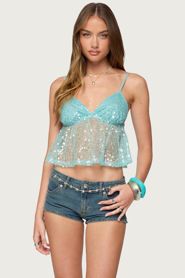 edikted Sheer Sequin Babydoll Tank Top turquoise
