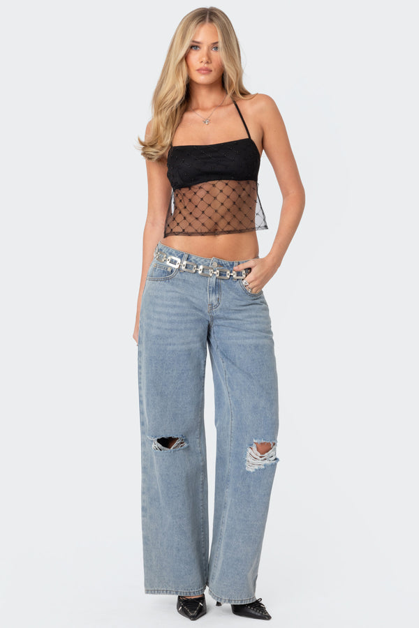 Edikted Sheer Sequin Backless Top Black