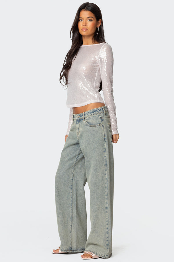 Edikted Sheer Sequin Boat Neck Top Cream