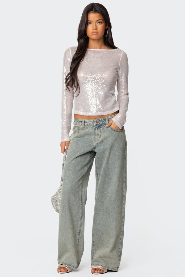 Edikted Sheer Sequin Boat Neck Top Cream
