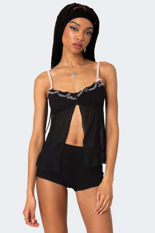 Edikted Sheer Split Front Babydoll Top Black