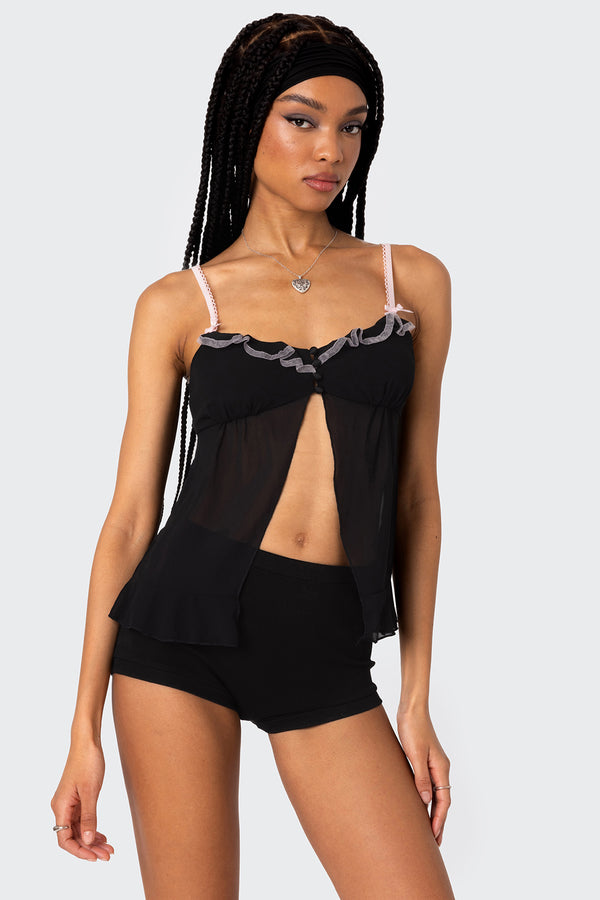edikted Sheer Split Front Babydoll Top black