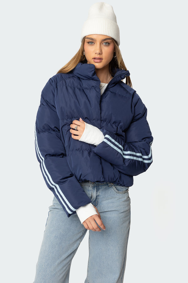 Edikted Sherry Side Striped Puffer Jacket Navy