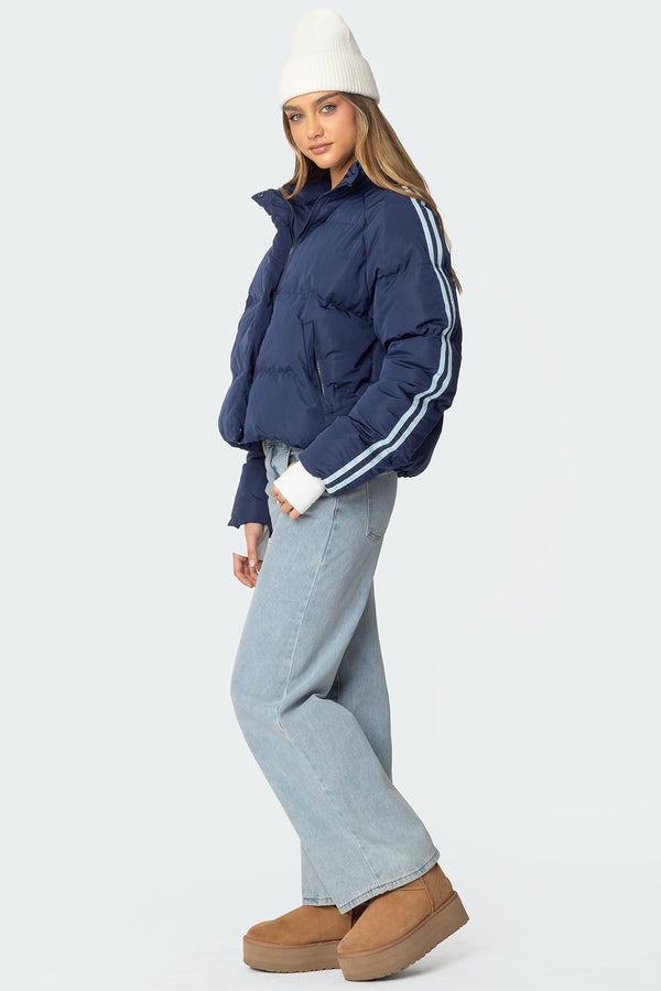 Edikted Sherry Side Striped Puffer Jacket Navy