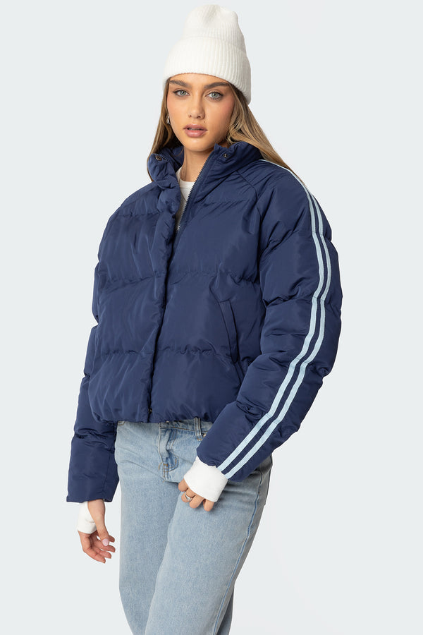 edikted Sherry Side Striped Puffer Jacket navy