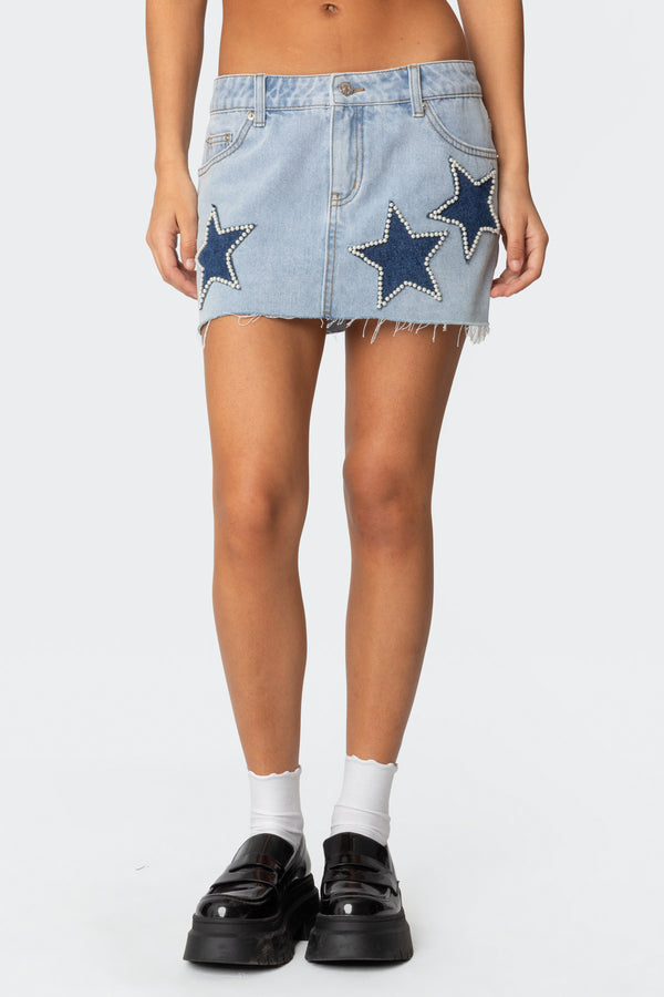 Edikted Shining Star Denim Mini Skirt Light Blue