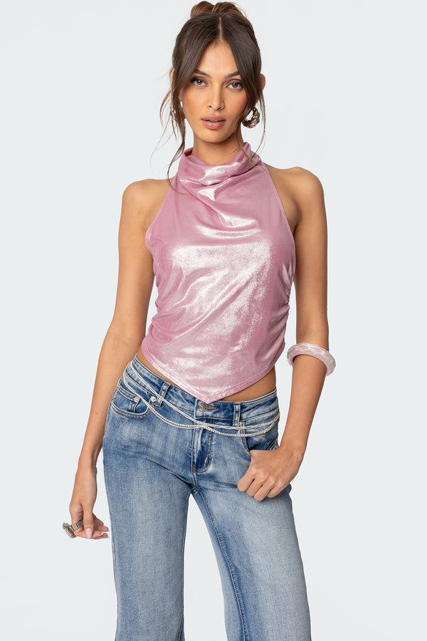 edikted Shiny Backless Cowl Neck Top pink
