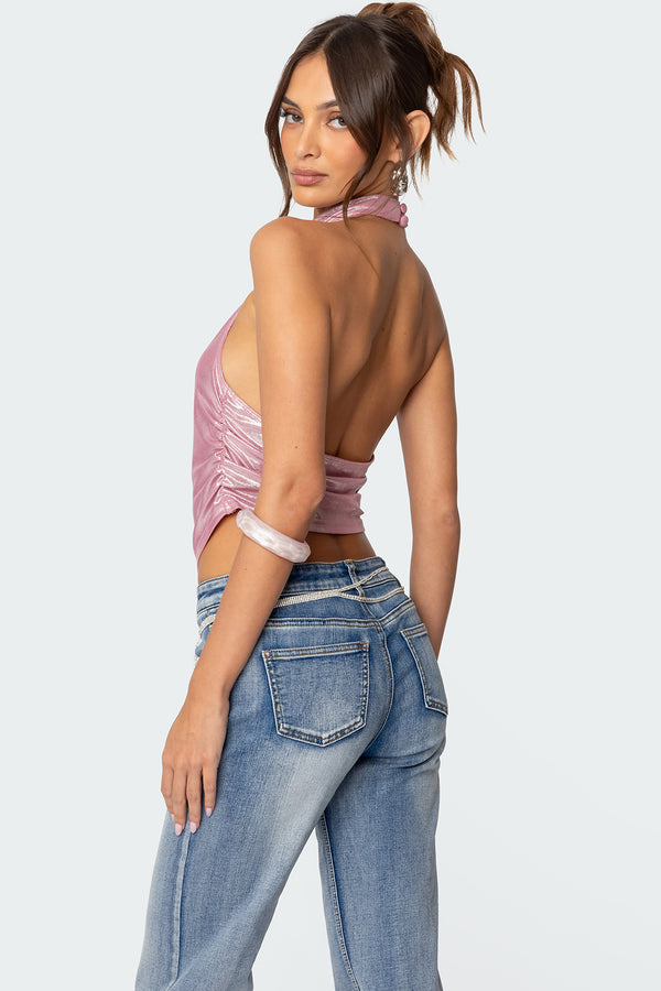 Edikted Shiny Backless Cowl Neck Top Pink