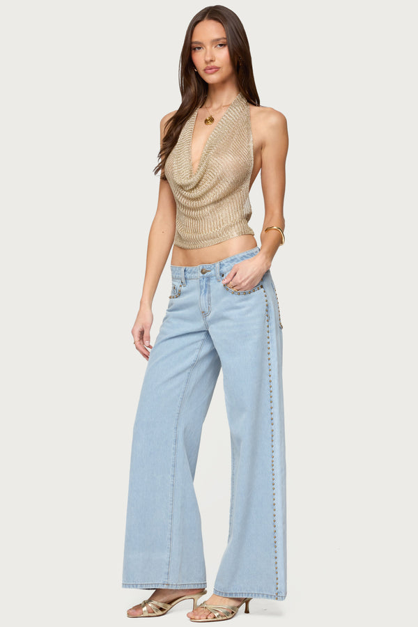 Edikted Shiny Knit Cowl Neck Backless Top Gold