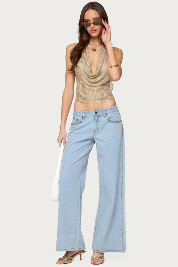 Edikted Shiny Knit Cowl Neck Backless Top Gold