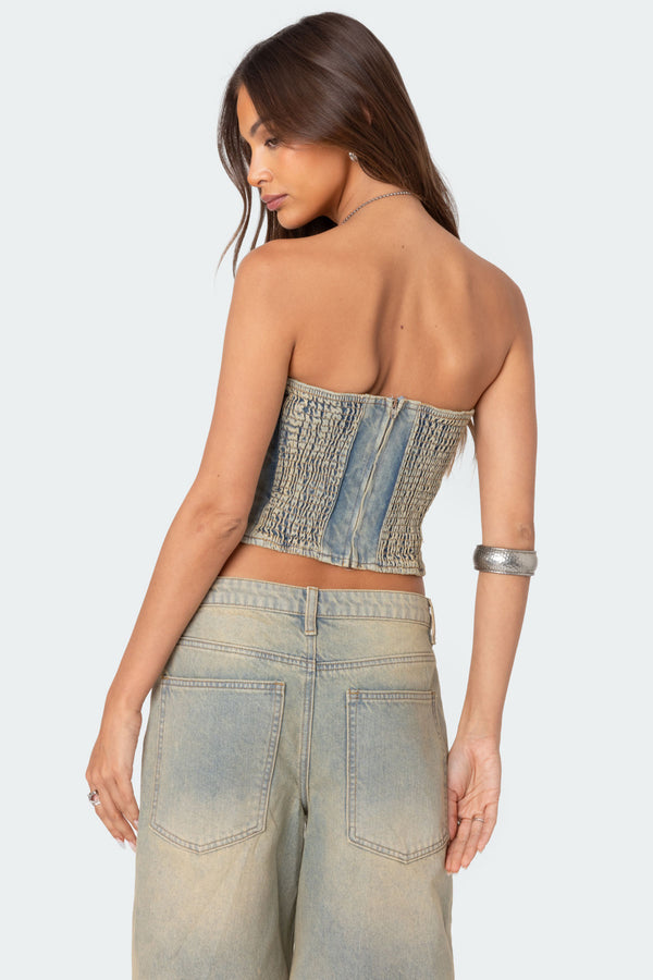 Edikted Shira Washed Denim Tube Top Blue Washed