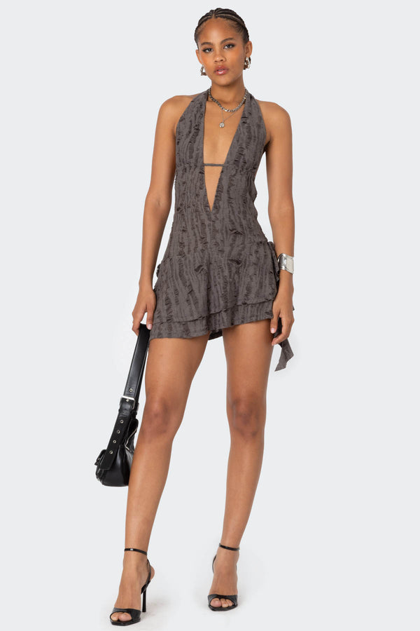 edikted Shredded Backless Halter Mini Dress brown
