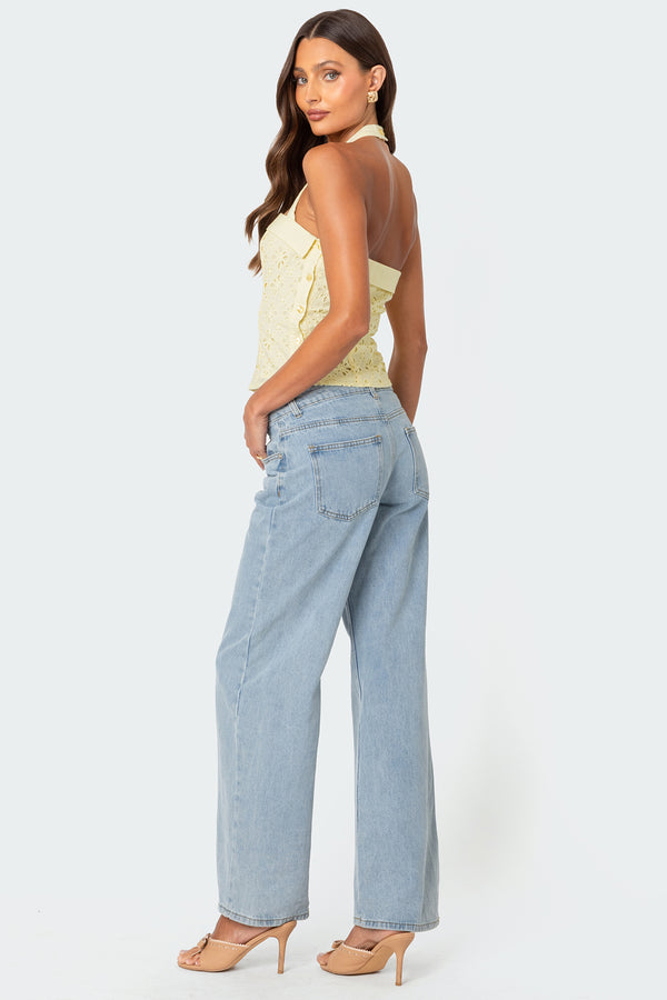 Edikted Side Button Eyelet Halter Top Yellow