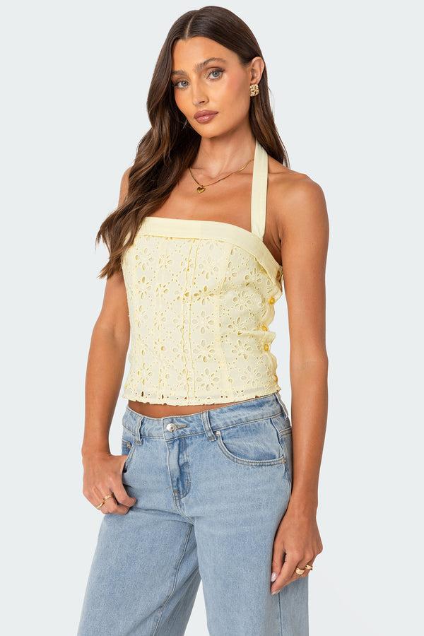 Edikted Side Button Eyelet Halter Top Yellow