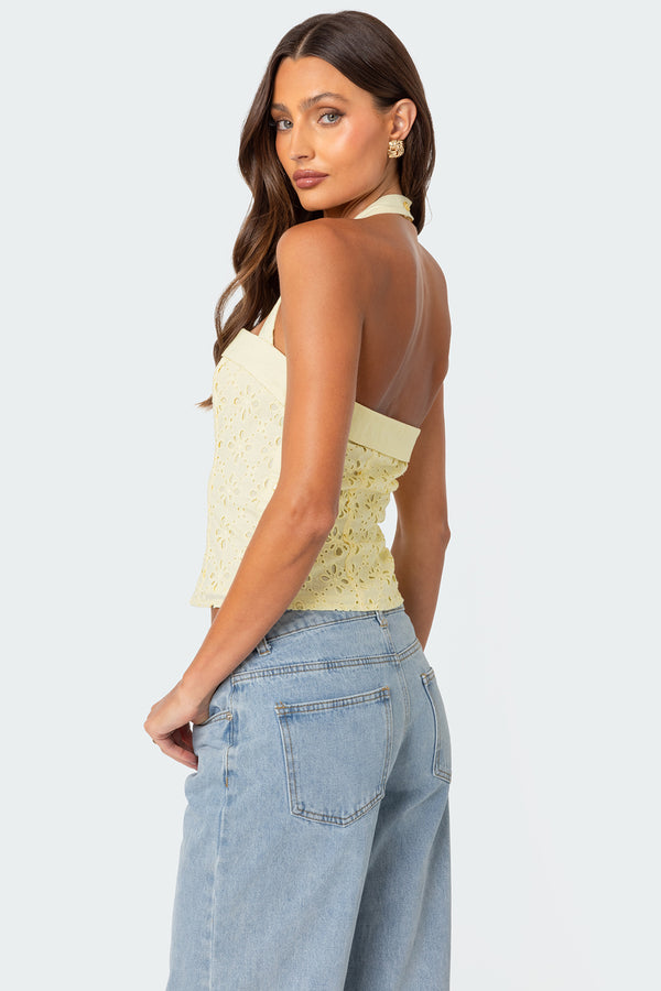 Edikted Side Button Eyelet Halter Top Yellow