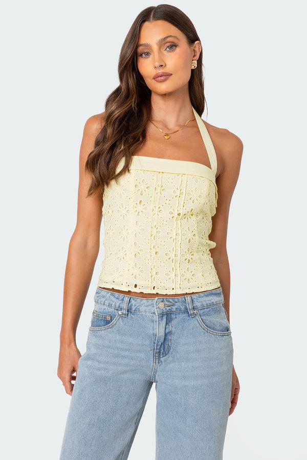 edikted Side Button Eyelet Halter Top yellow