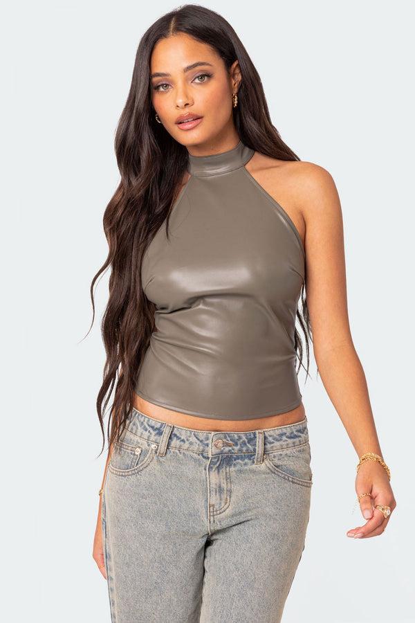 edikted Sienna Latex Halter Top gray