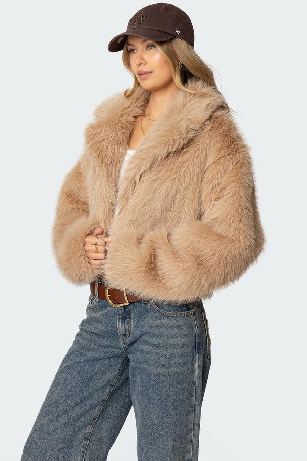 Edikted Sierra Oversized Faux Fur Jacket Camel