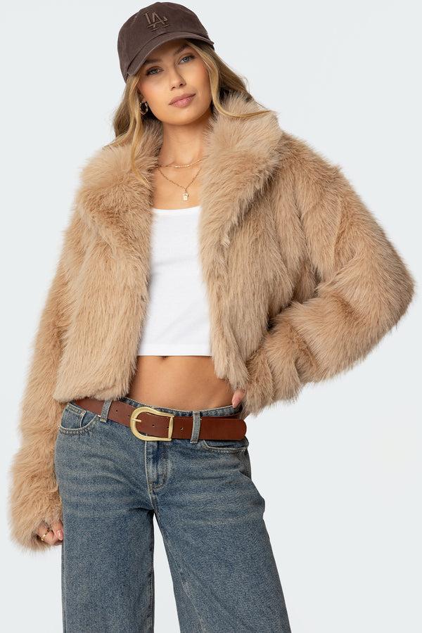 edikted Sierra Oversized Faux Fur Jacket camel