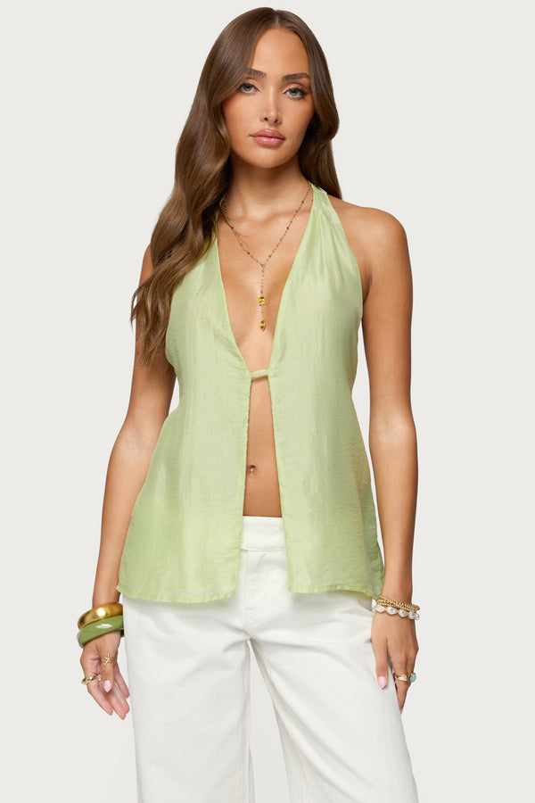 edikted Silky Look Split Front Halter Top sage