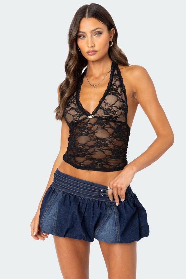 edikted Simona Sheer Lace Halter Top black