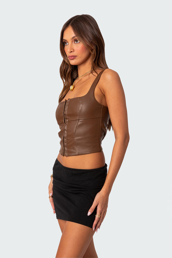 Edikted Simone Faux Leather Corset Brown