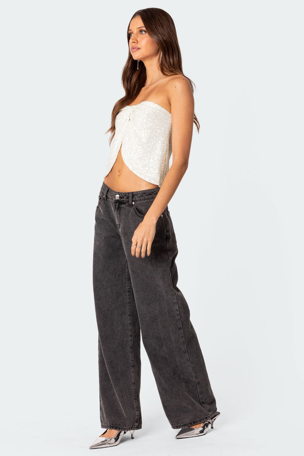 Edikted Siren Sequin Split Front Top Cream