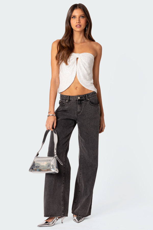 Edikted Siren Sequin Split Front Top Cream