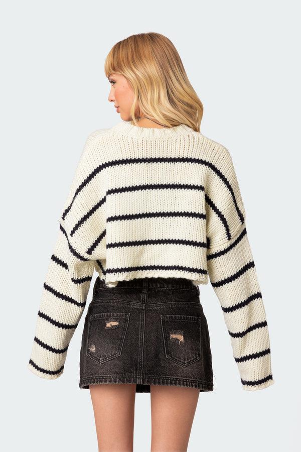 Edikted Sister Striped Cropped Sweater Cream