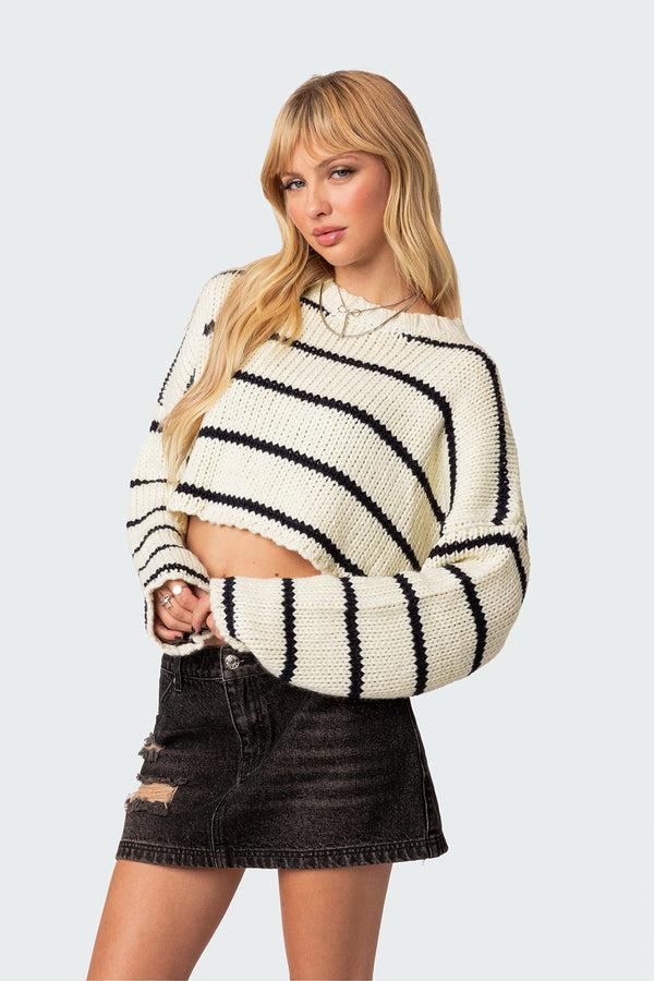 Edikted Sister Striped Cropped Sweater Cream