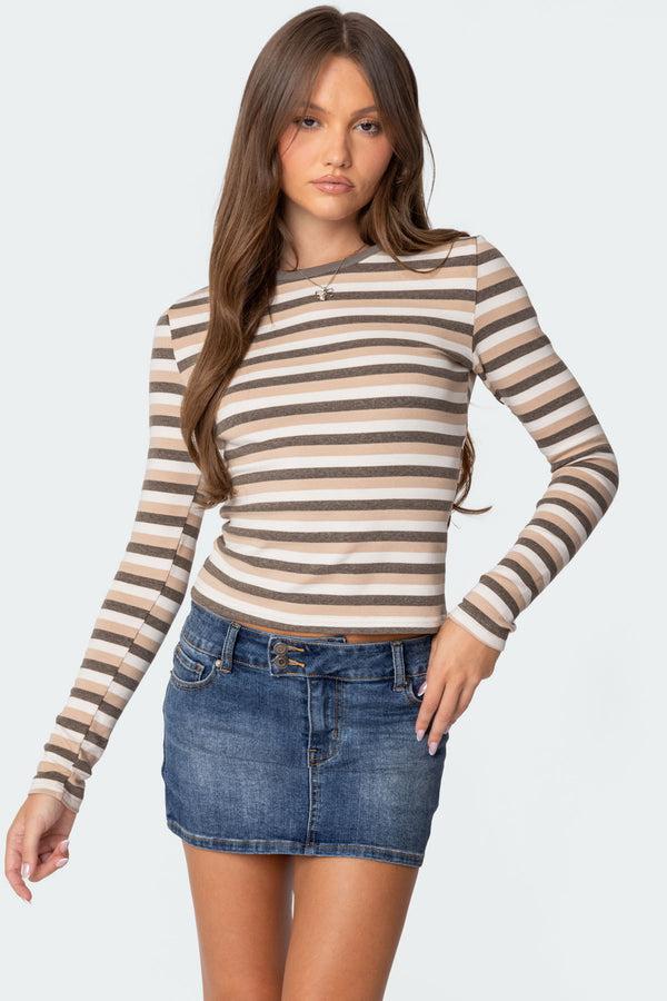 edikted Sivan Striped Long Sleeve T Shirt beige